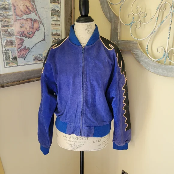 Vintage Royal Blue Suede Black Leather Patchwork Bomber Jacket Fox Run K… - Picture 16 of 16